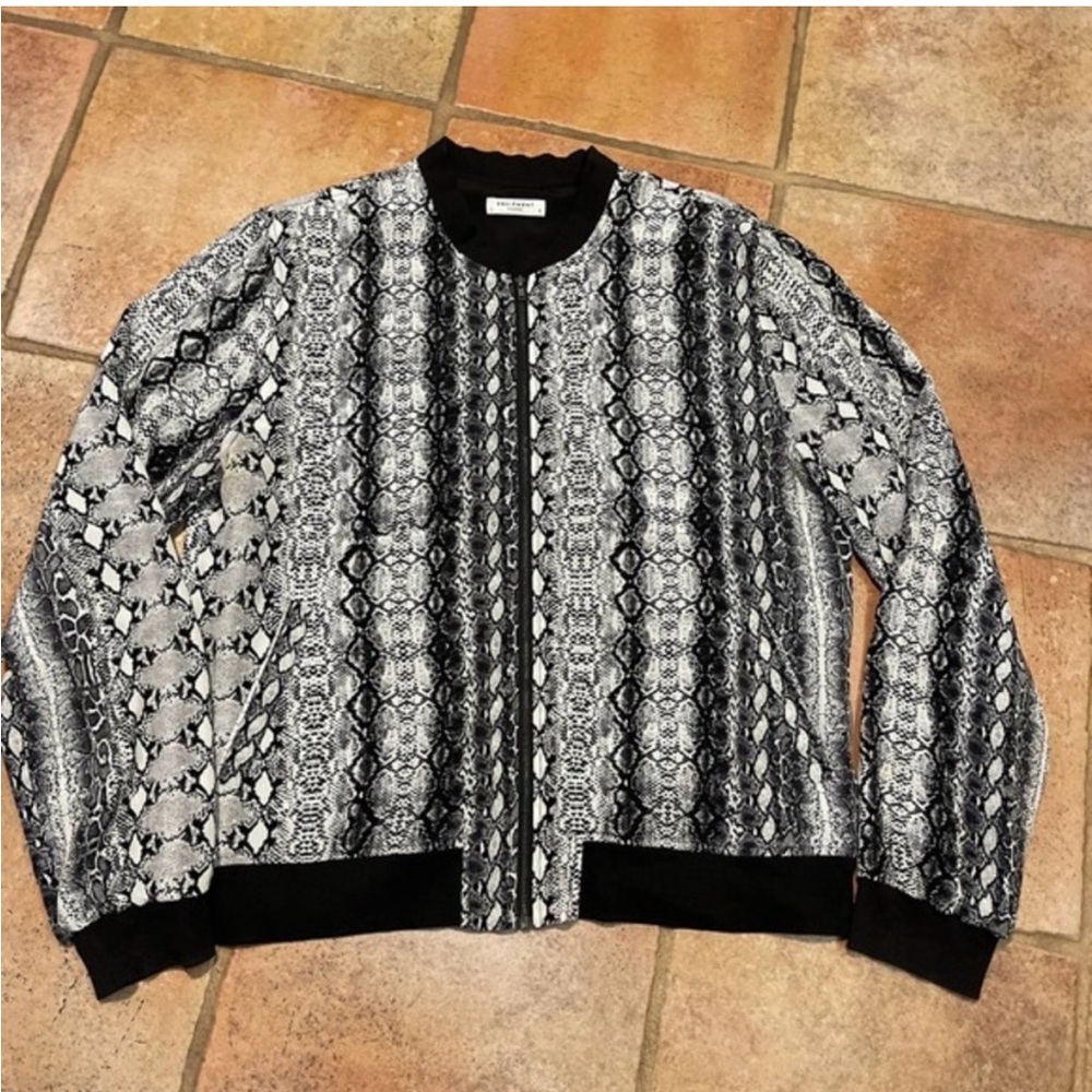 Equipment Black, White, Gray, Snake-Skin Pattern Bomber Jacket, Silk, Size L